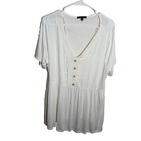 Ambiance T-Shirt Women's 2X Ivory Cream V-Neck Short Sleeve Boho Casual Shirt - Picture 1 of 9